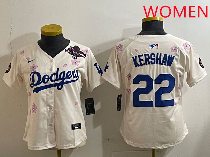 Women Los Angeles Dodgers 22 Kershaw Cream Sakura Edition 2025 Nike MLB Jersey style 6